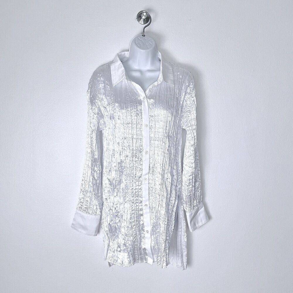 NWT Free People White Collared Top Satin Crinkle Button Up Blouse Stretch M (L)